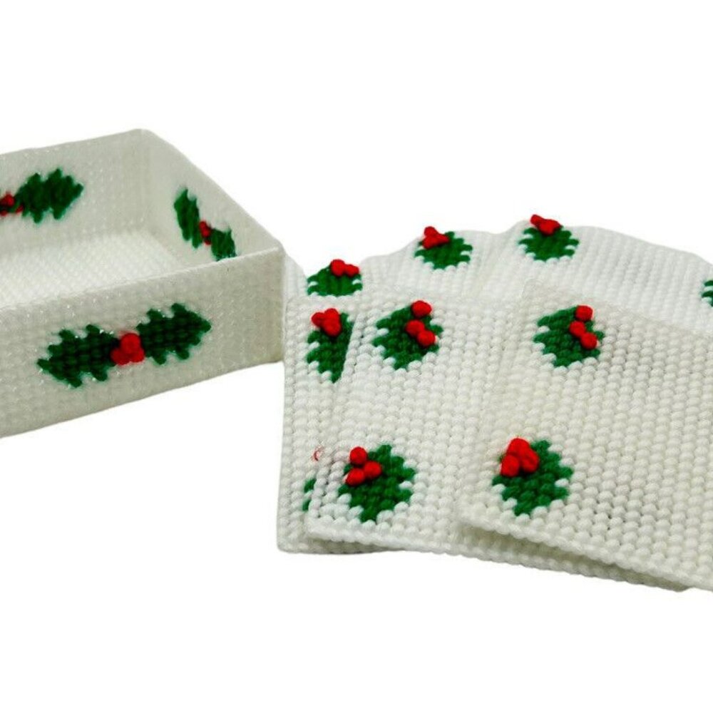 Vintage Handmade Christmas Holiday Drink Coasters‎ Plastic Canvas Yarn Holly Set